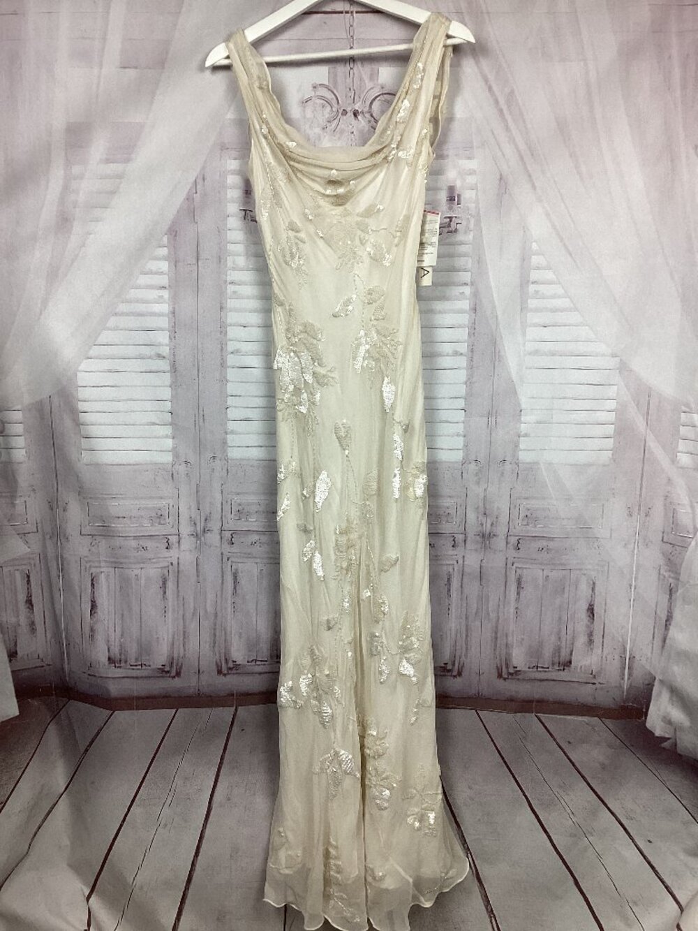 SCALA 100% Silk Beaded Gown Dress Beige V Neck Sleeveless Formal Embellished L